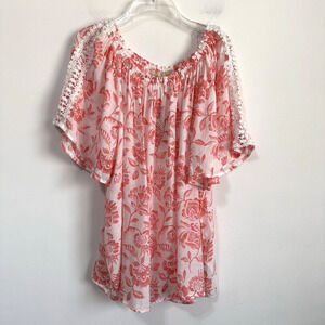Hope & Harlow Popover Top XL Pink Floral Crochet Boat Neck Summer Boho Shirt NEW